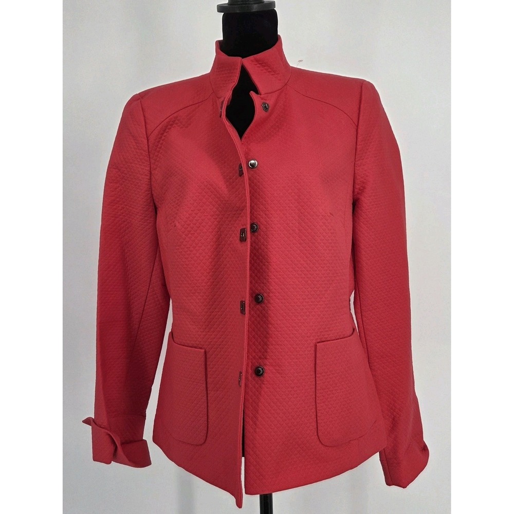 Nina McLemore Textured Knit Blazer 8 Red Gunmetal Square Buttons Silk Lined